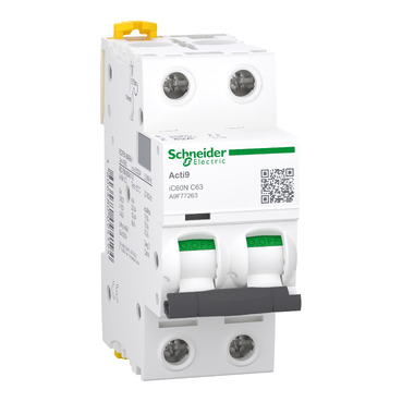Schneider A9F77263 | Miniature circuit-breaker, Acti9 iC60N, 2P, 63 A, C curve, 6000 A (IEC 60898-1), 10 kA (IEC 60947-2)