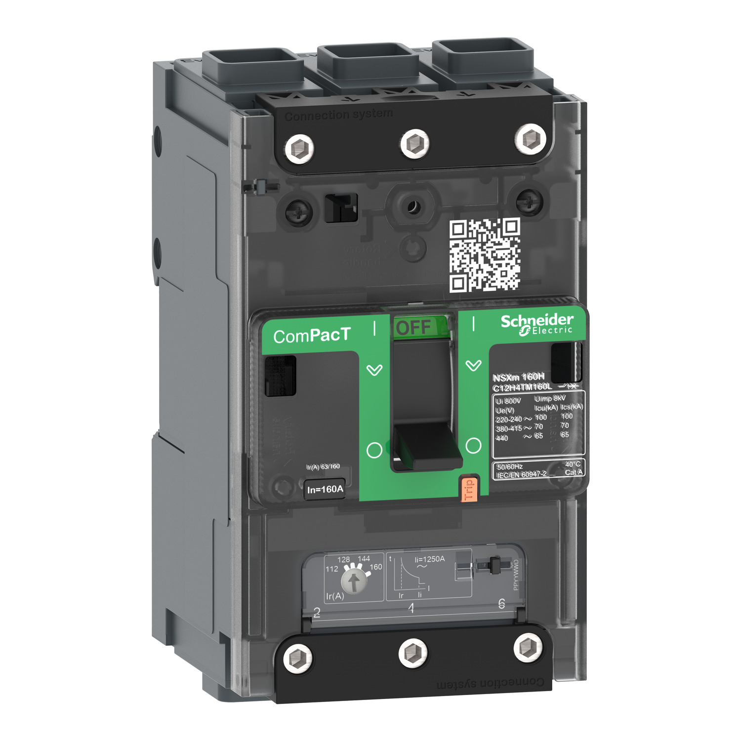 Schneider C12E3TM160L | Circuit breaker ComPacT NSXm E (16kA at 415VAC), 3 Poles 3d, 160A rating TMD trip unit, EverLink connectors