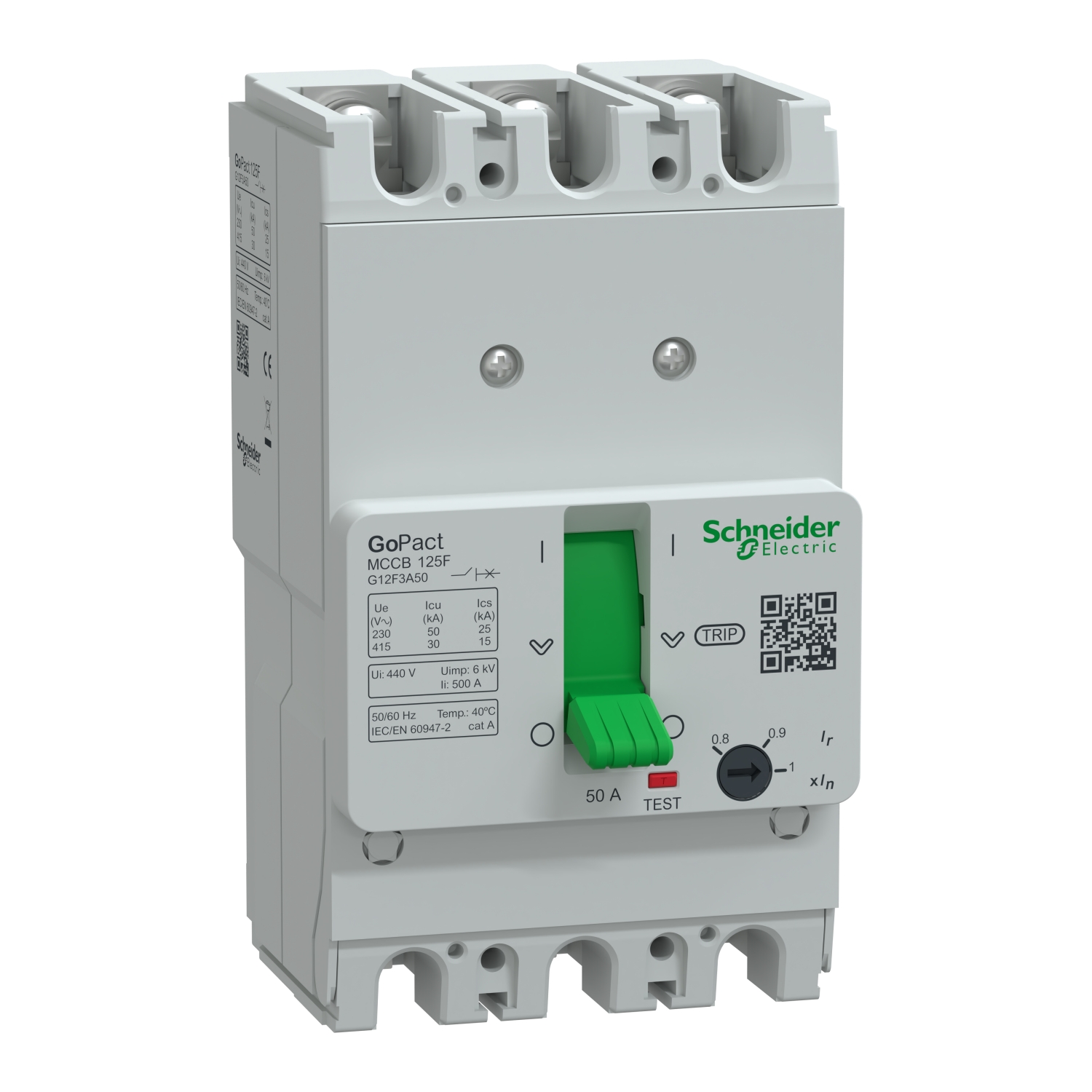 Schneider G12F3A50 | Circuit breaker, GoPact MCCB 125, 3 poles, 30kA at 415VAC, 50A rating, TMD trip unit, adjustable thermal protection