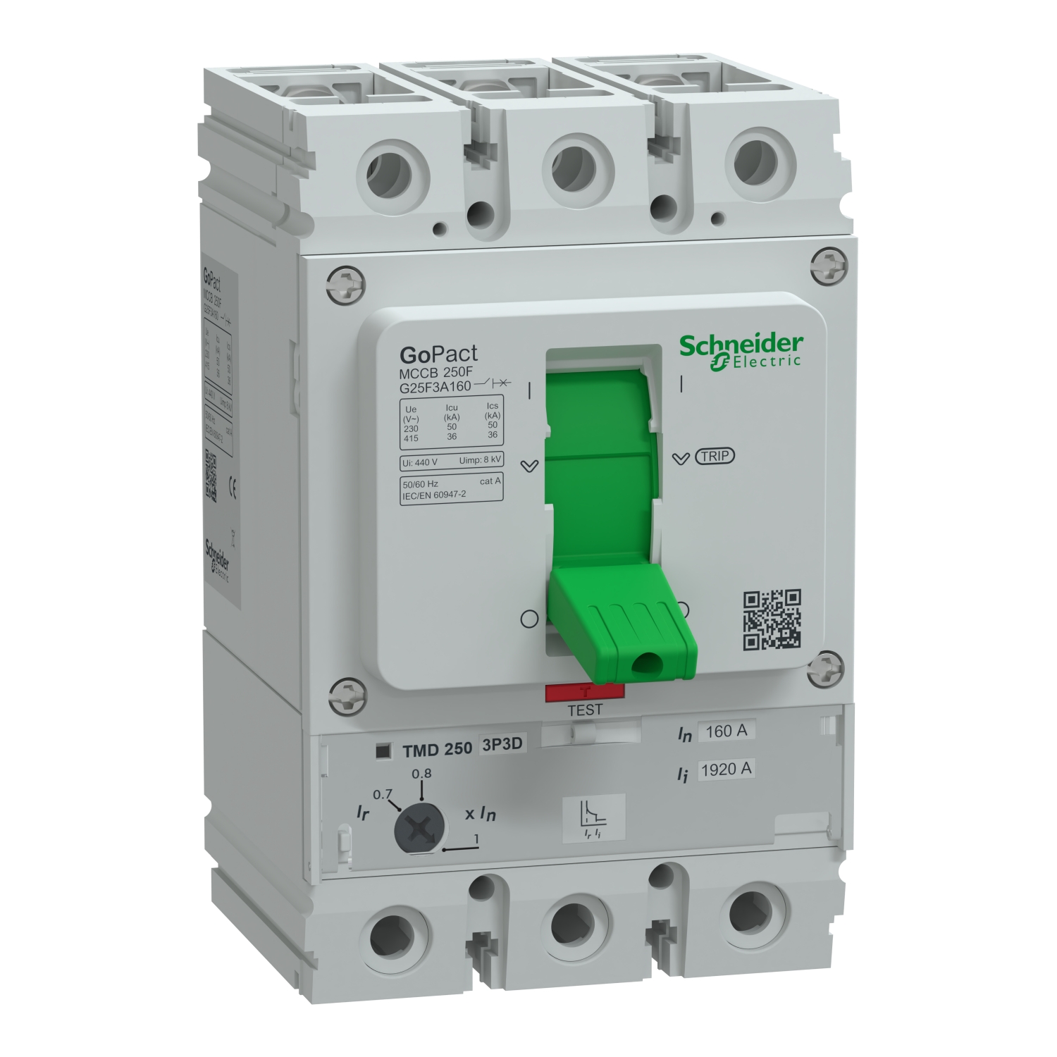 Schneider G25F3A160 | Circuit breaker, GoPact MCCB 250, 3 poles, 36kA at 415VAC, 160A rating, TMD trip unit, adjustable thermal protection
