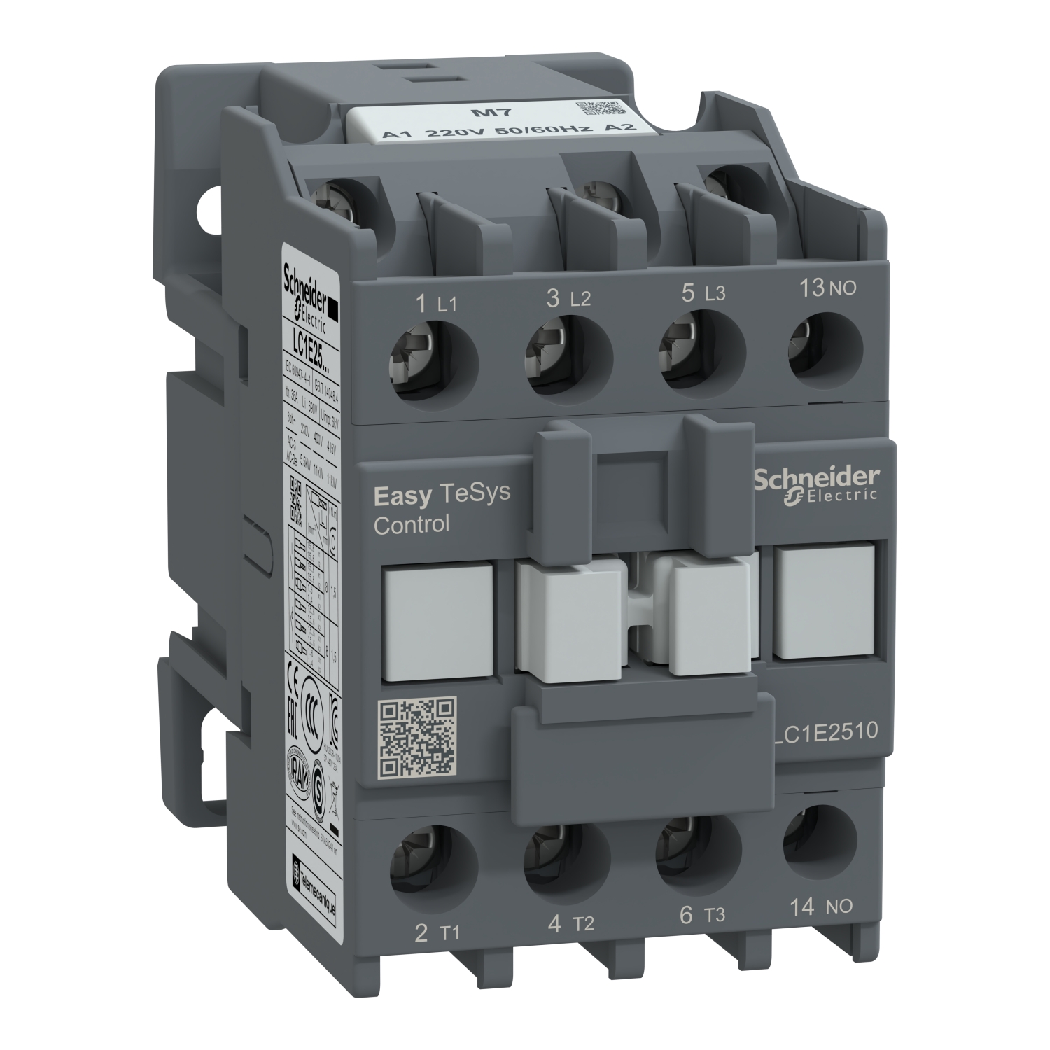 Schneider LC1E2510M7 | Contactor,Easy TeSys Control,LC1E,3P(3NO),AC-3,<=440V,25A,220V AC coil,50/60Hz,1NO auxiliary contact
