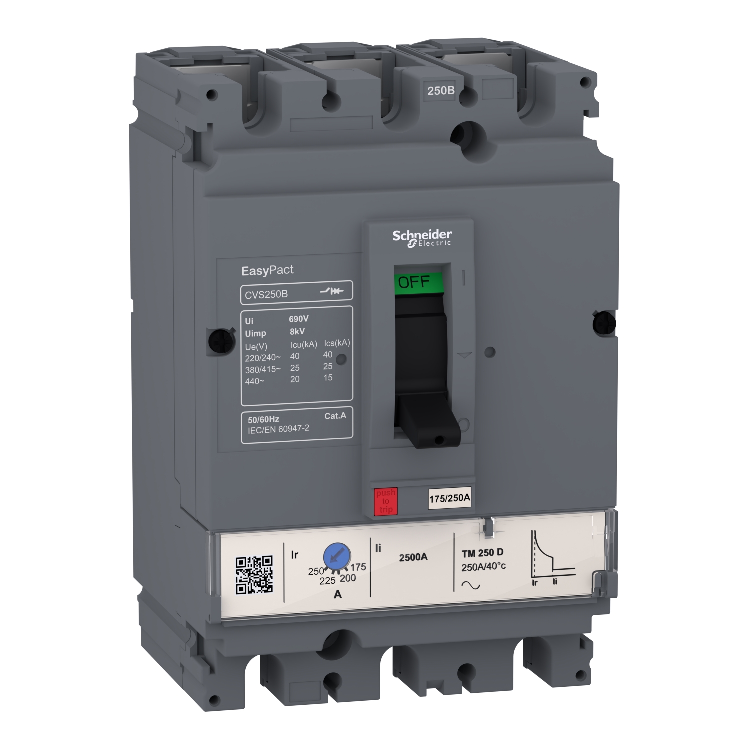 Schneider LV516302 | circuit breaker EasyPact CVS160B, 25 kA at 415 VAC, 125 A rating thermal magnetic TM-D trip unit, 3P 3d