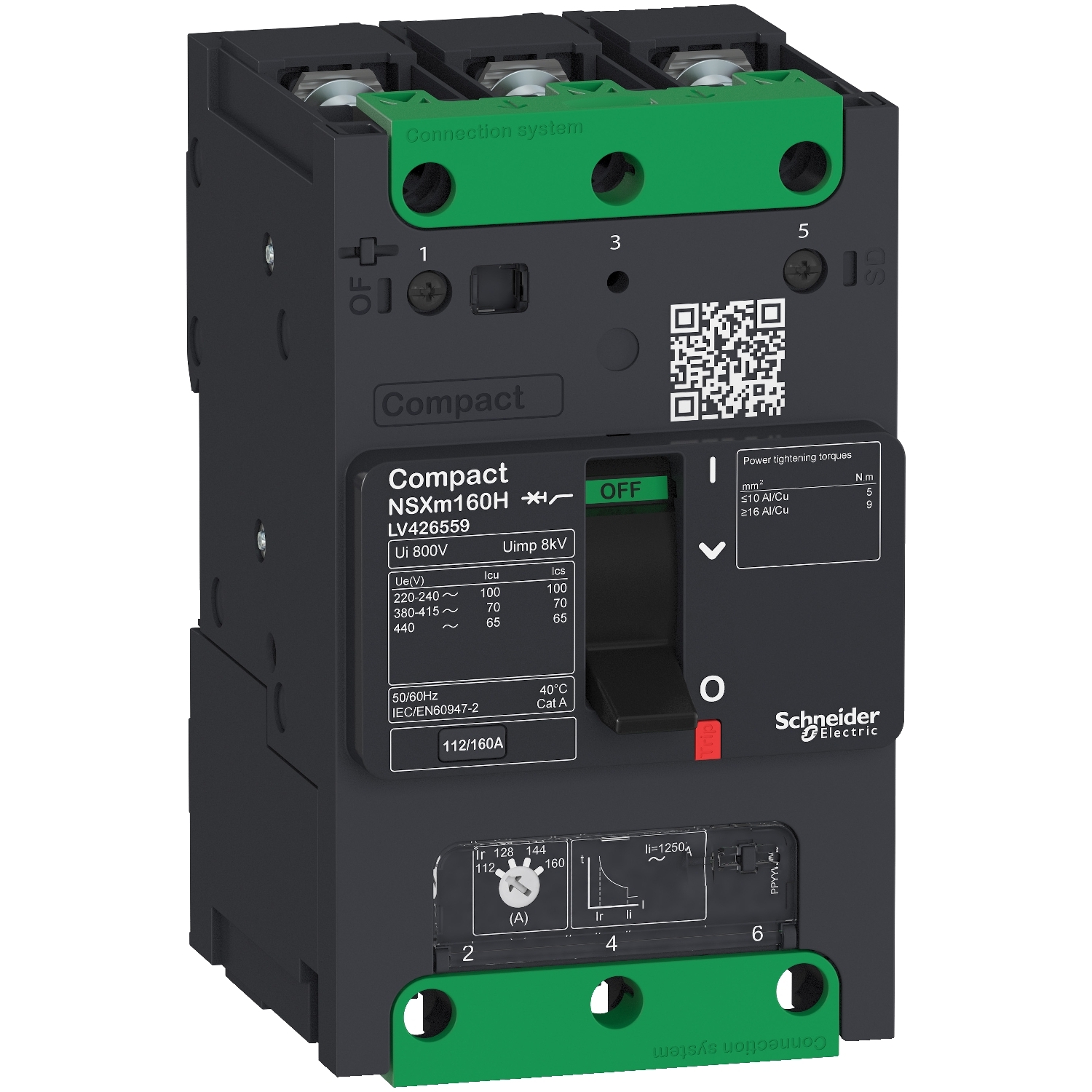 Schneider LV426356 | circuit breaker ComPact NSXm F (36 kA at 415 VAC), 3P 3d, 80 A rating TMD trip unit, compression lugs and busbar connectors