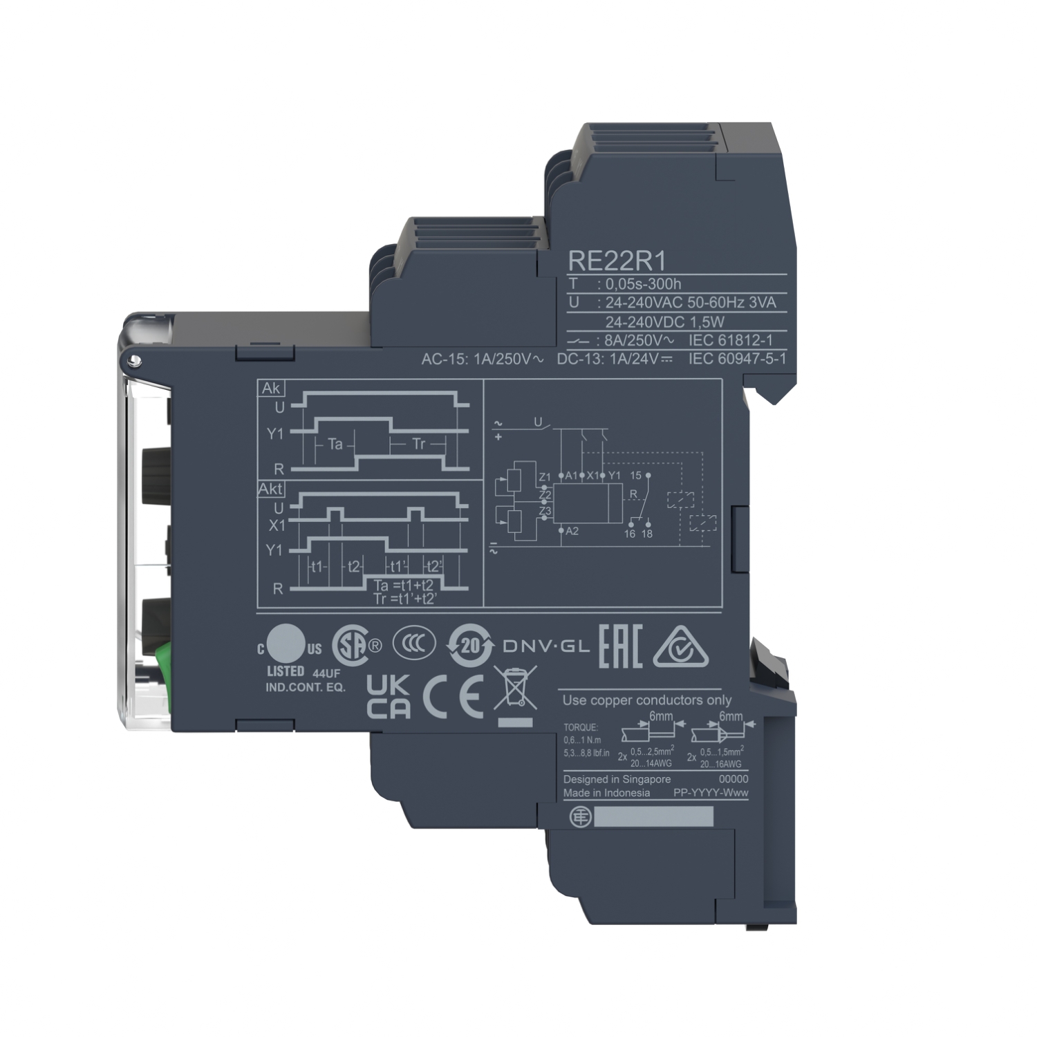 Schneider RE22R1MLMR Relay | Modular timing relay, 8 A, 0.05 s…300 h, 1 CO, asymmetrical flashing, 24...240 V AC/DC