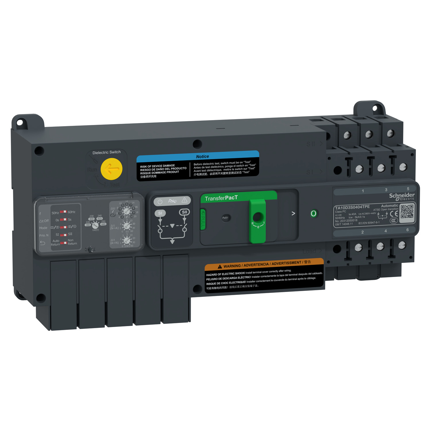 Schneider TA10D3S0404TPE | automatic transfer switch, TransferPacT automatic, 40A, 3P, rotary, frame 100A