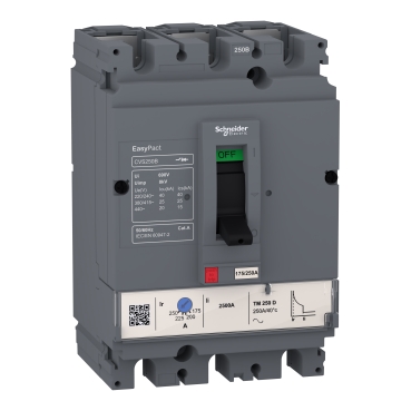 Schneider LV525303 Easypact | circuit breaker EasyPact CVS250B, 25 kA at 415 VAC, 250 A rating thermal magnetic TM-D trip unit, 3P 3d