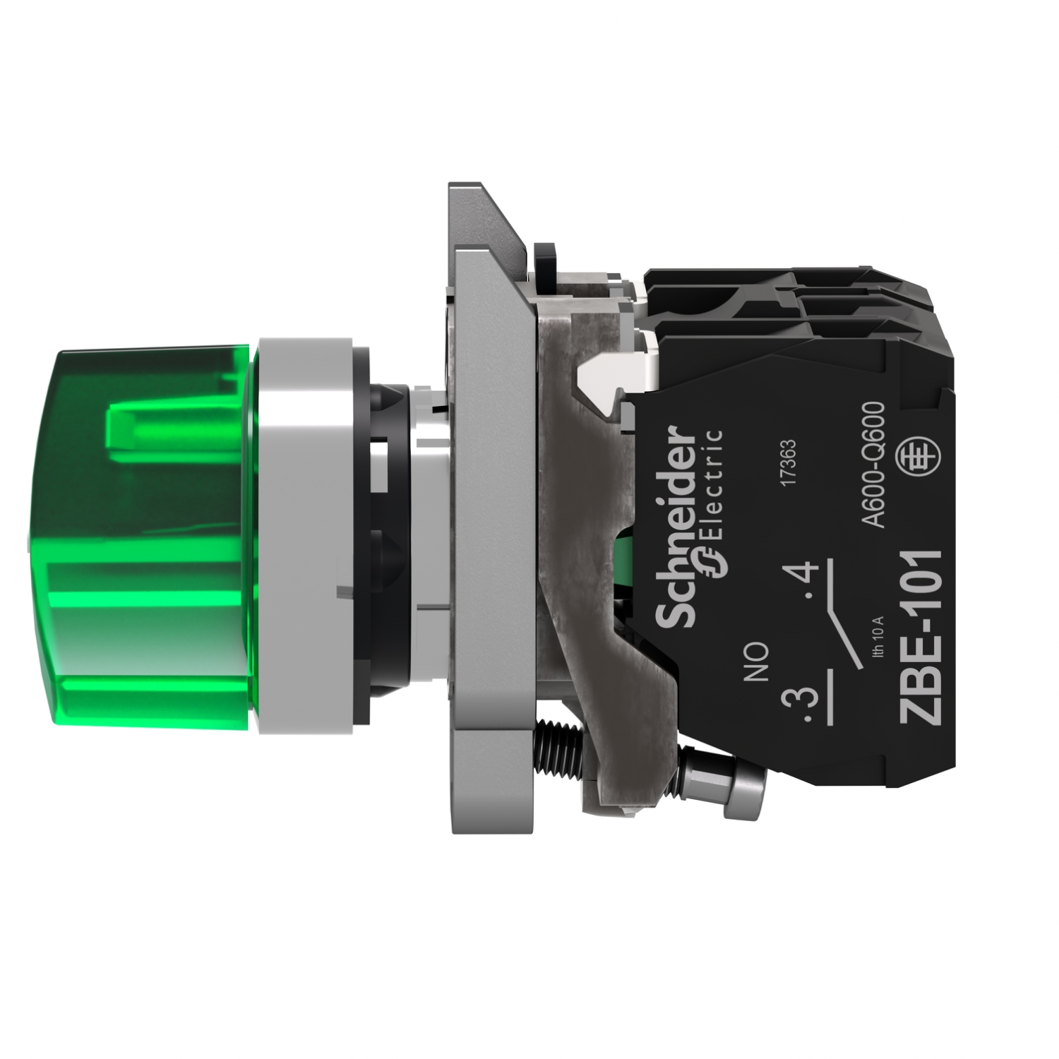 Schneider XB4BK123G5 Harmony | Illuminated selector switch, metal, green, Ø22, 2 positions, stay put, 110...120 V AC, 1 NO + 1 NC
