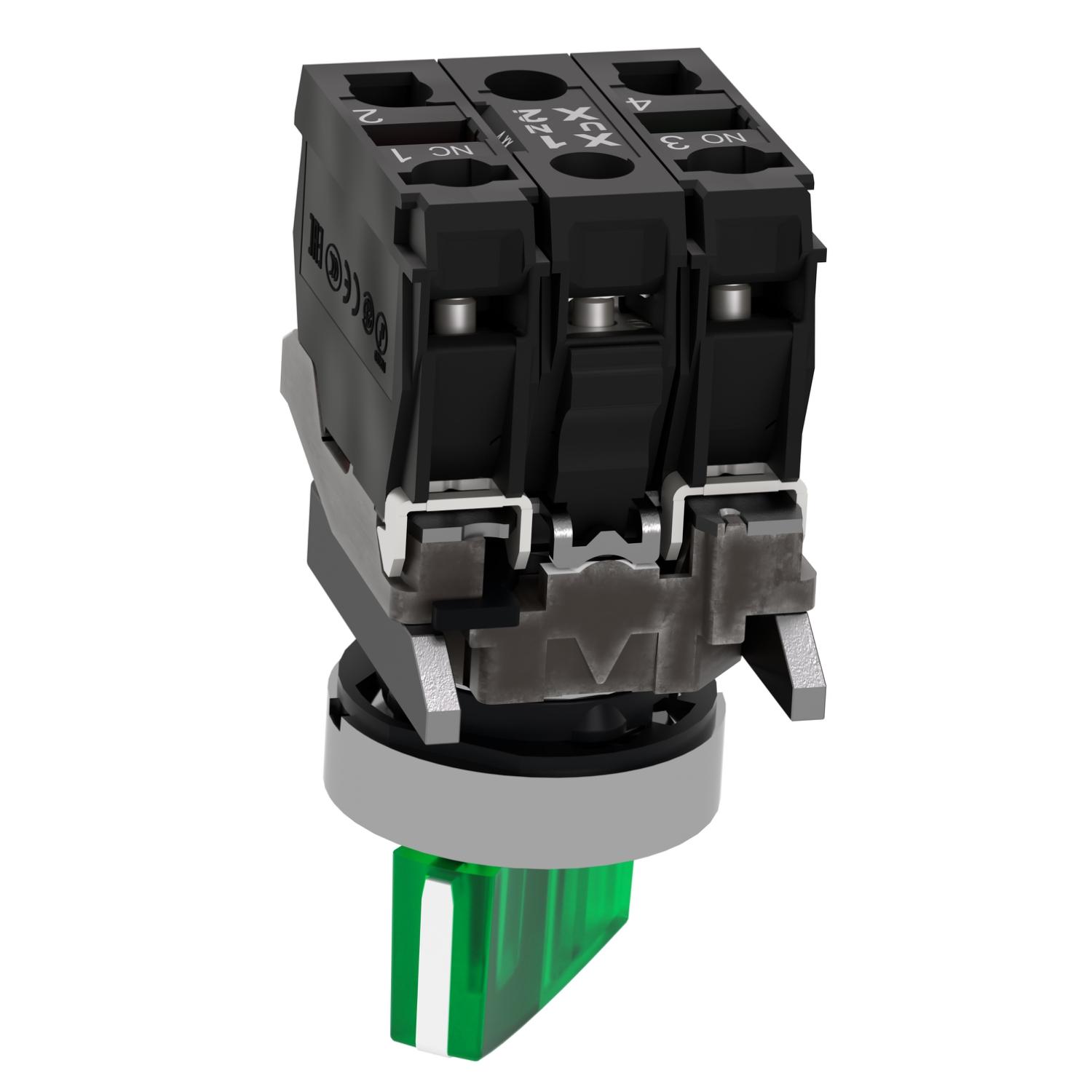 Schneider XB4BK123G5 Harmony | Illuminated selector switch, metal, green, Ø22, 2 positions, stay put, 110...120 V AC, 1 NO + 1 NC