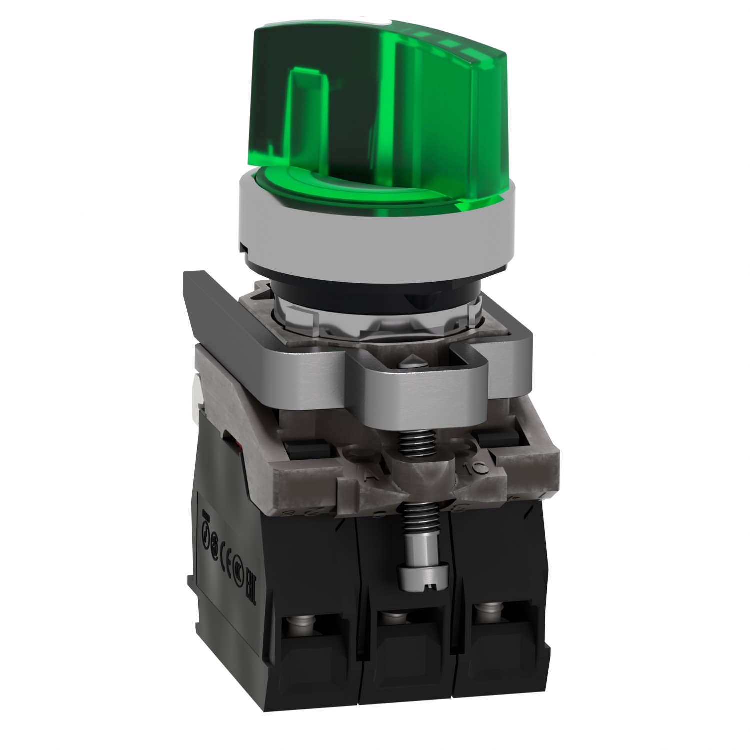 Schneider XB4BK123M5 Harmony | Illuminated selector switch, metal, green, Ø22, 2 positions, stay put, 230...240 V AC, 1 NO + 1 NC