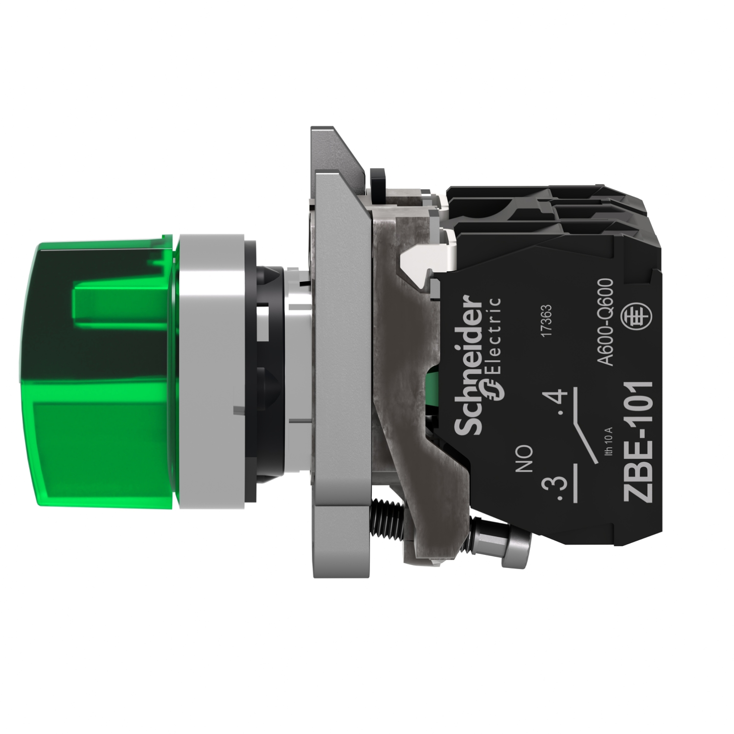 Schneider XB4BK133B5 Harmony | Illuminated selector switch, metal, green, Ø22, 3 positions, stay put, 24 V AC/DC, 1 NO + 1 NC