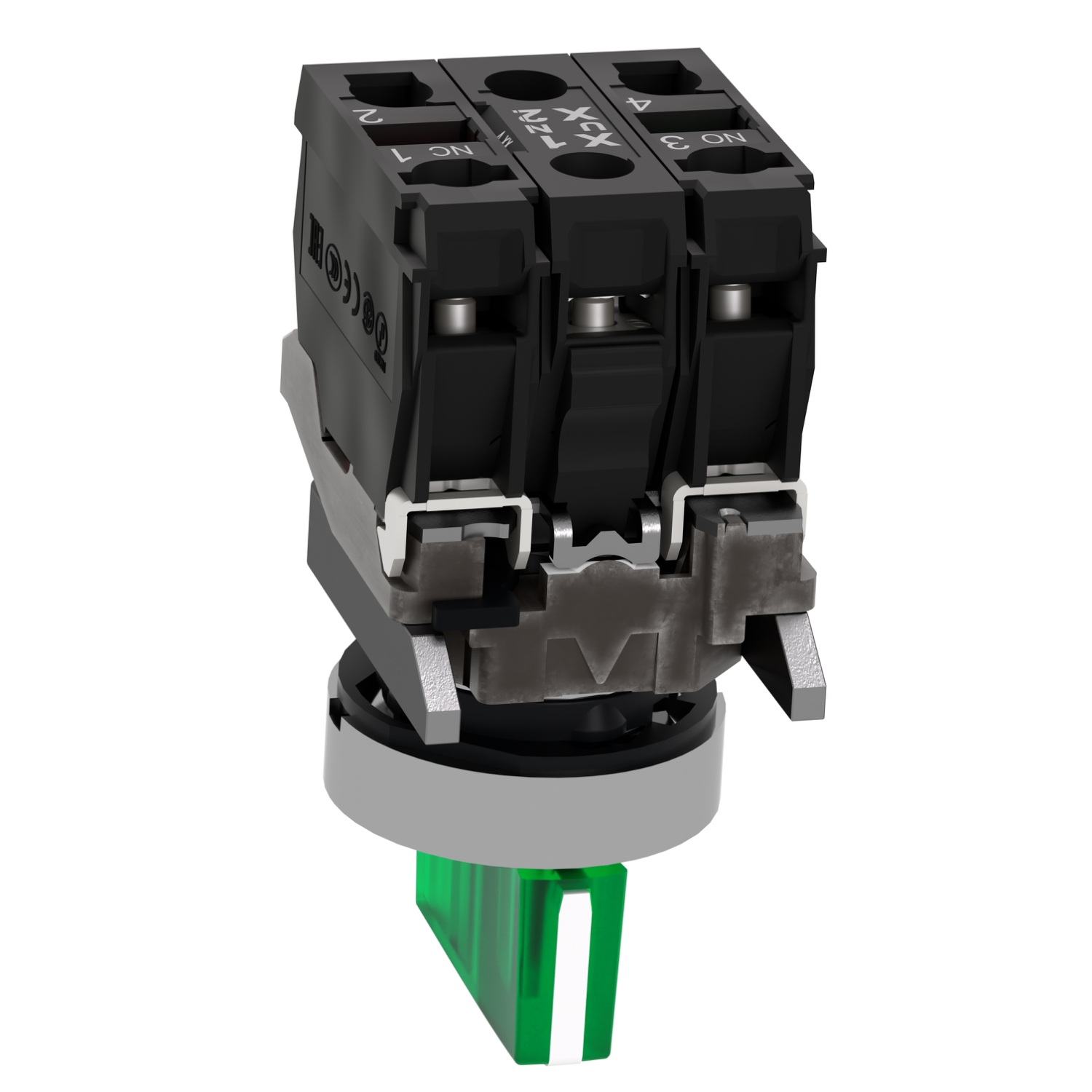 Schneider XB4BK133B5 Harmony | Illuminated selector switch, metal, green, Ø22, 3 positions, stay put, 24 V AC/DC, 1 NO + 1 NC