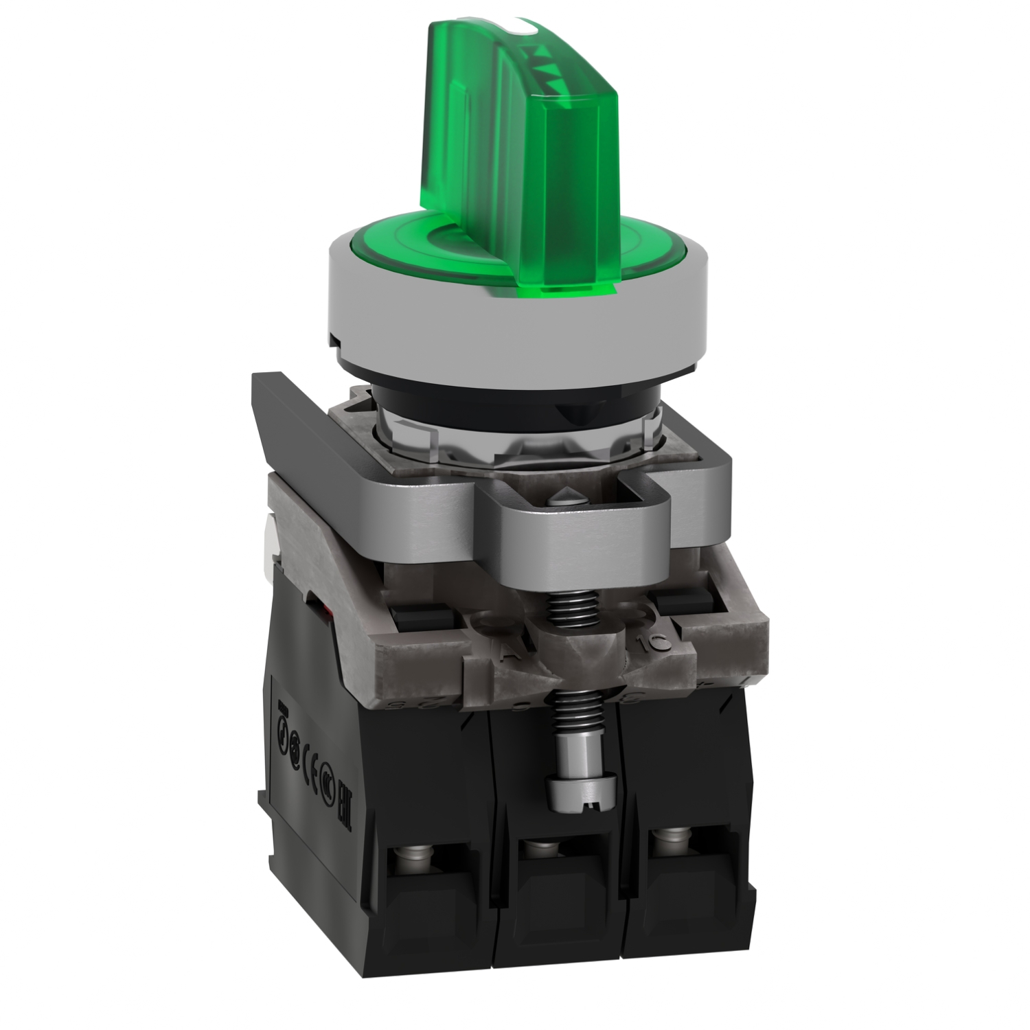 Schneider XB4BK133B5 Harmony | Illuminated selector switch, metal, green, Ø22, 3 positions, stay put, 24 V AC/DC, 1 NO + 1 NC