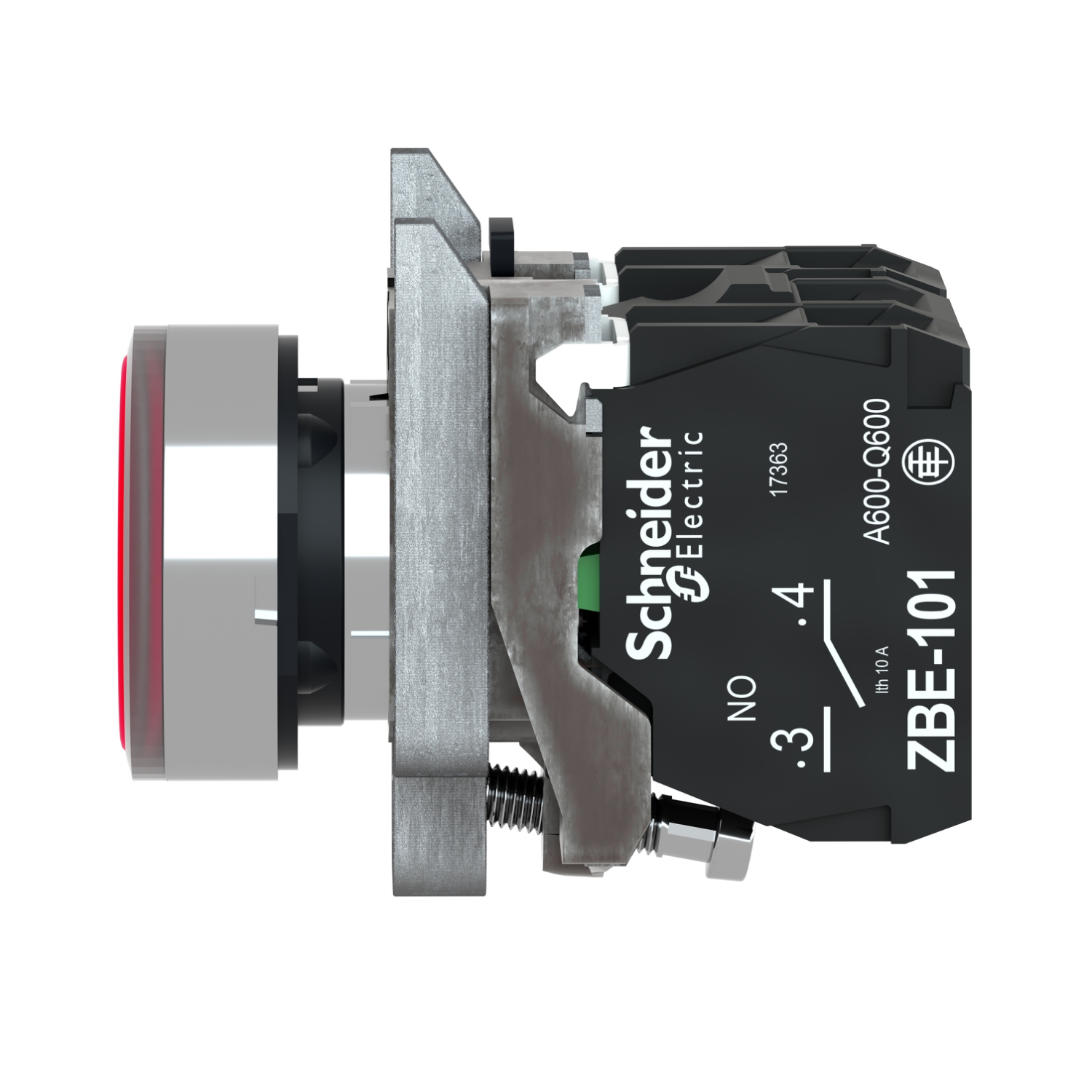 Schneider XB4BW34B5 | Illuminated push button, metal, flush, red, Ø22, spring return, 1 NO + 1 NC 24 V AC/DC