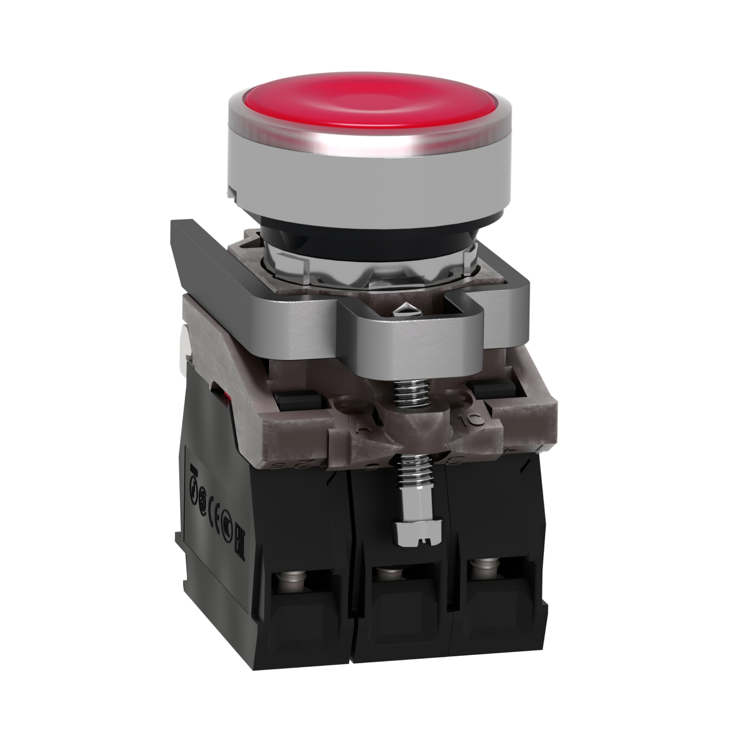 Schneider XB4BW34B5 | Illuminated push button, metal, flush, red, Ø22, spring return, 1 NO + 1 NC 24 V AC/DC