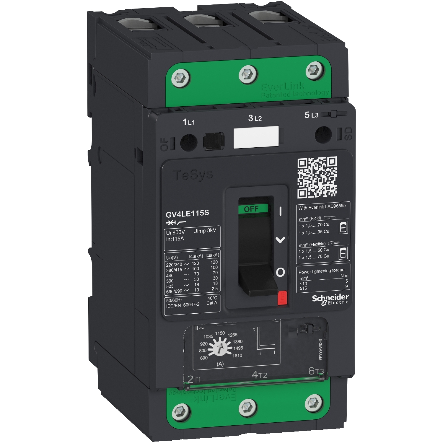 Schneider GV4LE80N | Motor circuit breaker, TeSys GV4, 3P, 80 A, Icu 50 kA, magnetic, EverLink terminals
